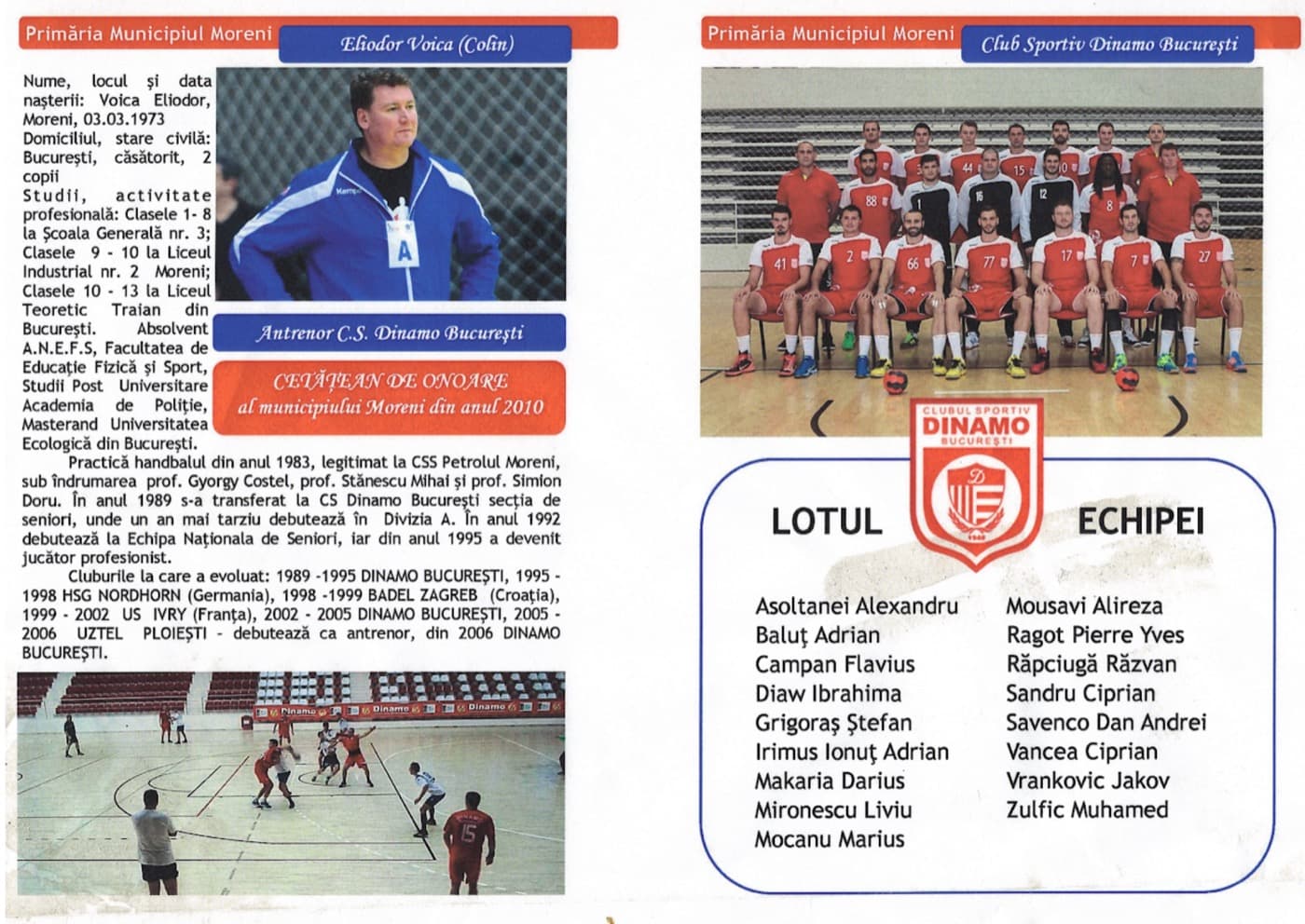 Voica Eliodor și lotul Dinamo București la inaugurarea Sălii Sporturilor Moreni